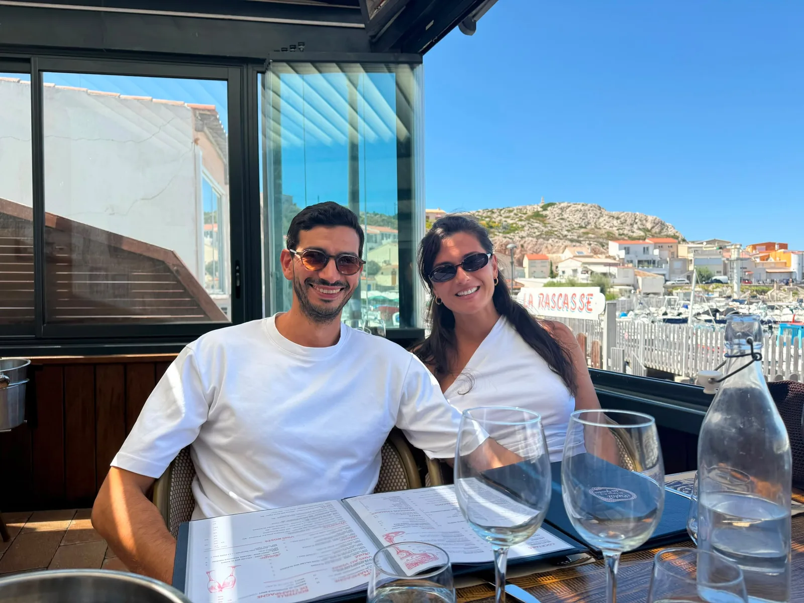 Stef and Mehdi at lunch by the harbour in Marseille